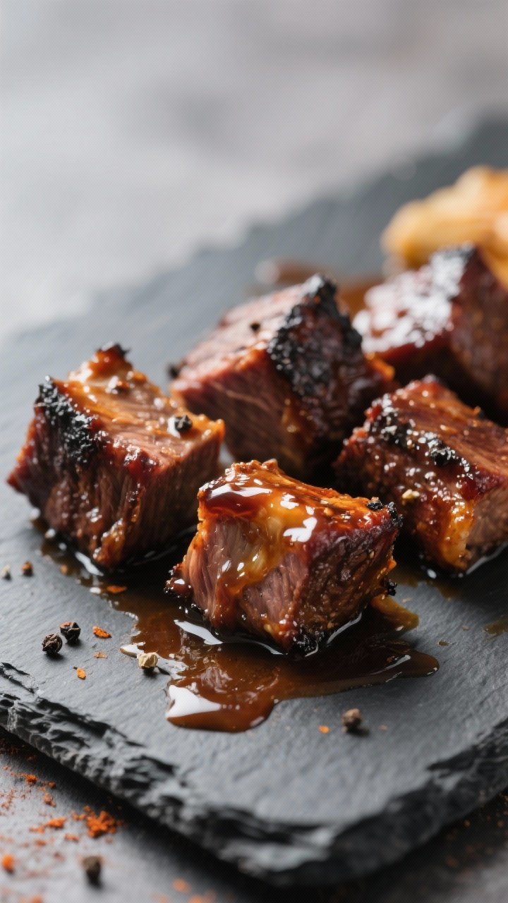 Close-up detail: Air fryer beef brisket burnt ends just finished the second stage, sticky barbecue g