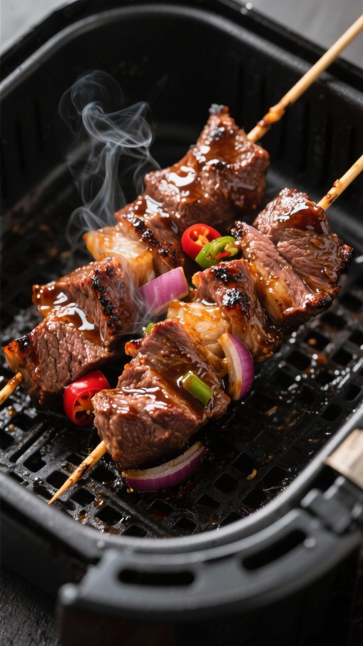 Close-up detail: Air fryer beef teriyaki skewers just finished cooking in the basket, edges carameli