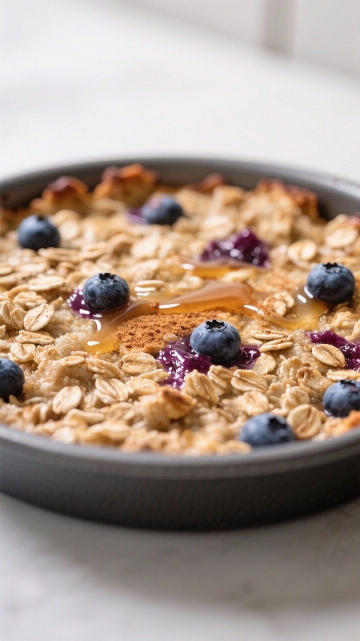 Close-up detail: Air Fryer Blueberry Oats just out of the air fryer in a 6–7 inch round baking dis
