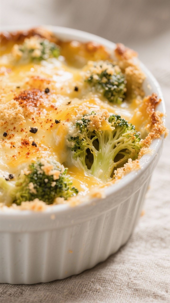Close-up detail: Air Fryer Broccoli Au Gratin just out of the basket, bubbling edges of melted sharp