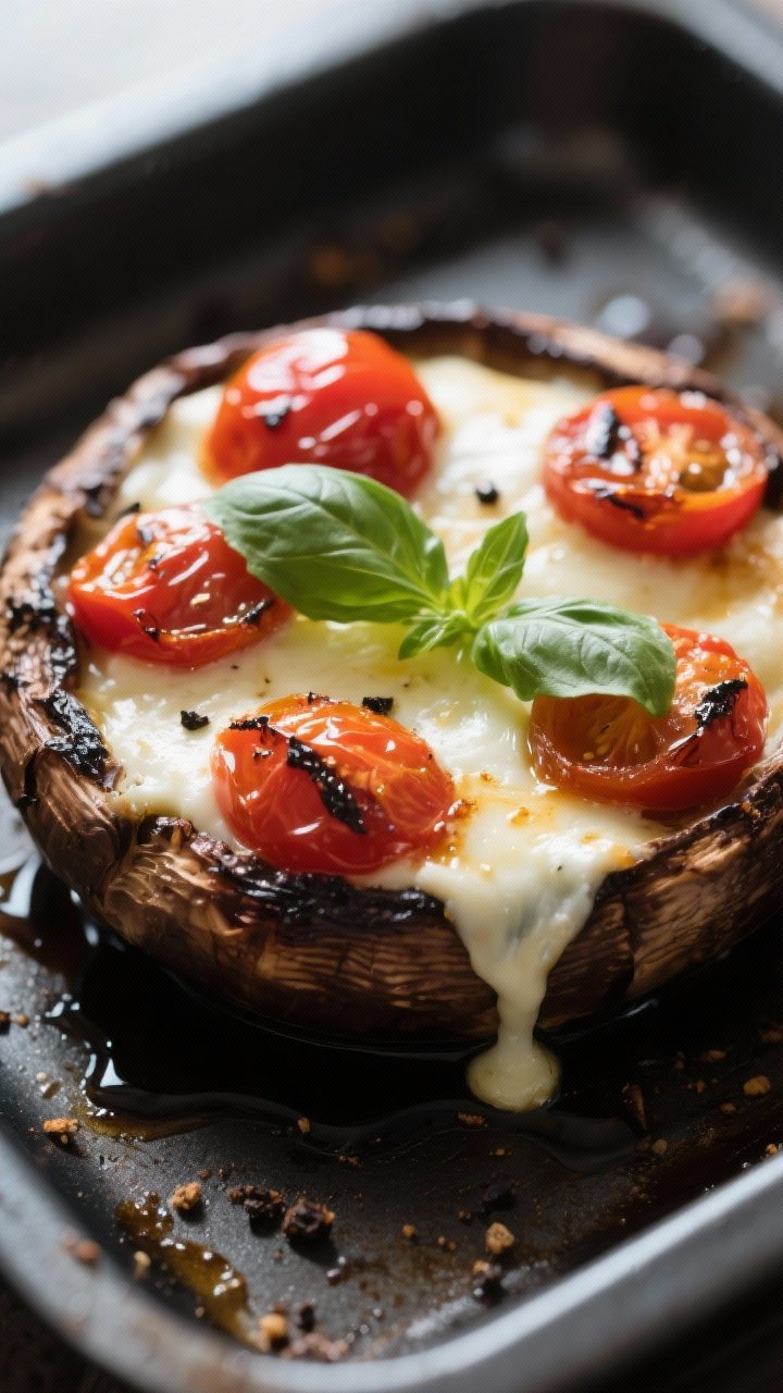 Close-up detail: Air fryer Caprese stuffed portobello just finished cooking, gooey melted fresh mozz
