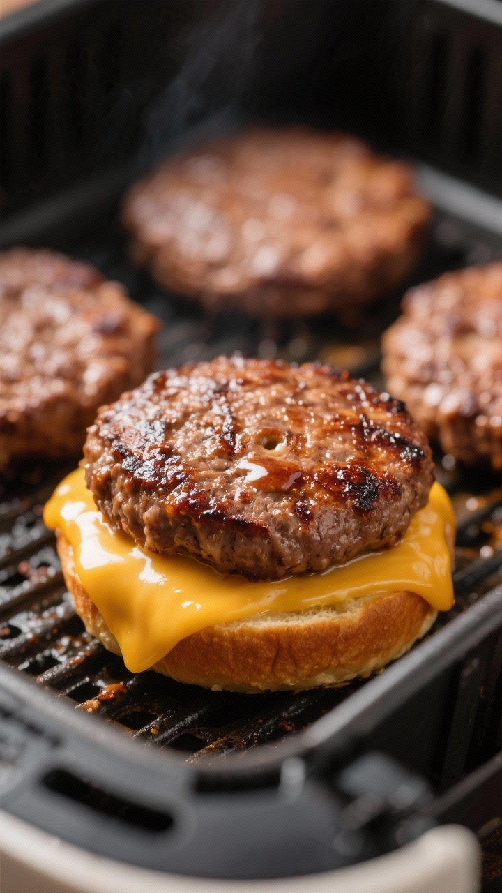 Close-up detail: Air fryer cheeseburger slider patty just cooked, cheese melting and draping over th