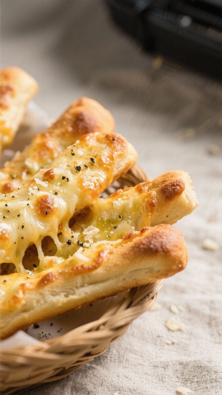 Close-up detail: Air fryer cheesy breadsticks just out of the basket, cheese melted and bubbling wit