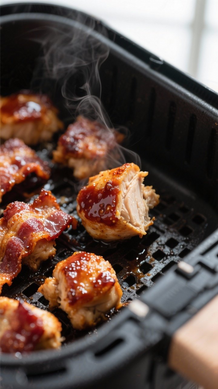 Close-up detail: Air fryer chicken and bacon bites just finished cooking in the basket, bacon edges 