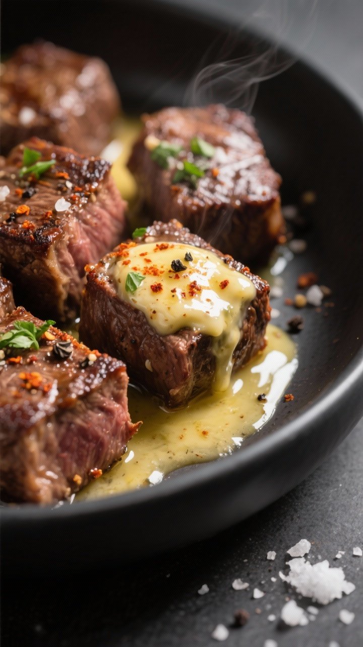 Close-up detail: Air fryer garlic butter steak bites just tossed in warm garlic-parsley butter, glis