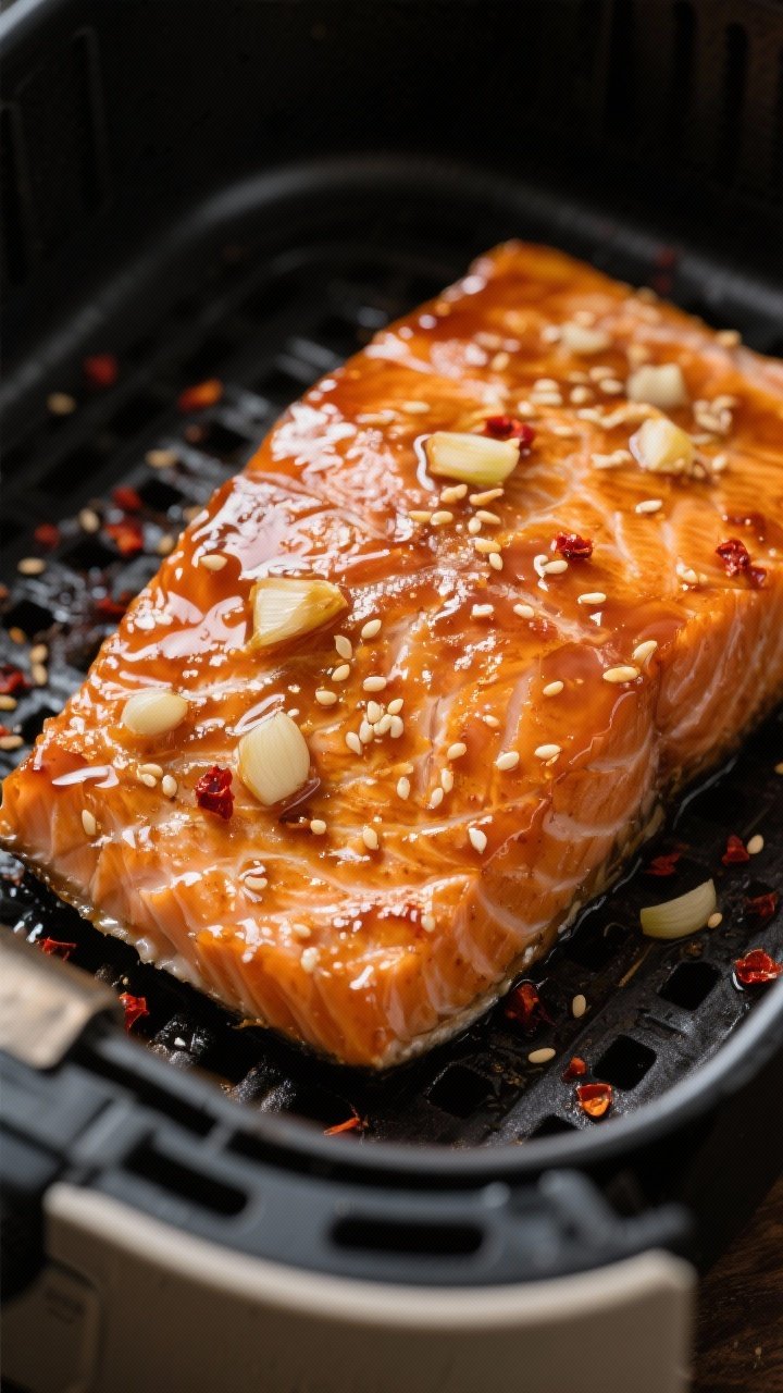 Close up honey garlic air fryer salmon