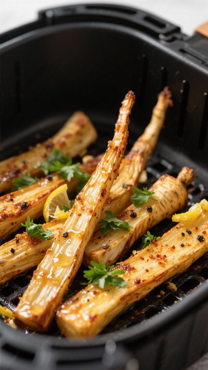 Close-up detail: Air fryer honey-roasted parsnip batons just out of the basket, edges deeply golden 