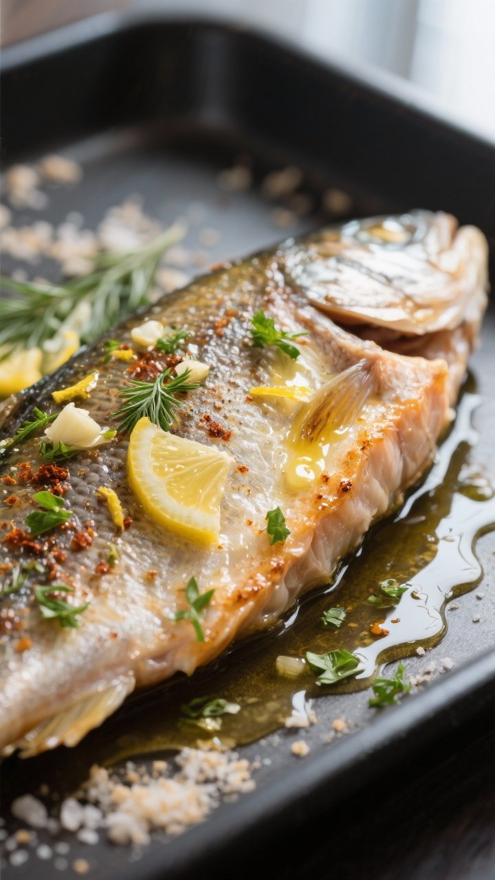 Close-up detail: Air fryer lemon herb trout just cooked, skin-side down fillet with lightly crisped 