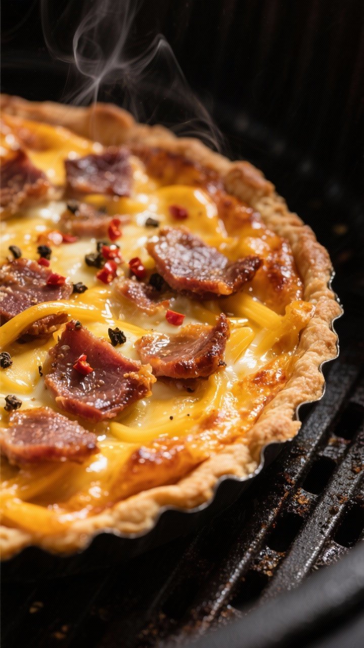 Close-up detail: Air fryer Marmite tart just out of the basket, edges puffed and deep golden with gl