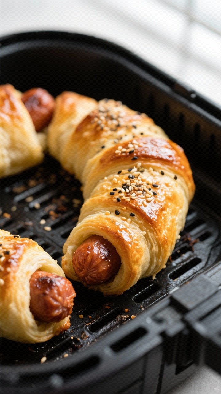 Close-up detail: Air fryer pigs in a blanket just out of the basket, golden-brown crescent dough wit