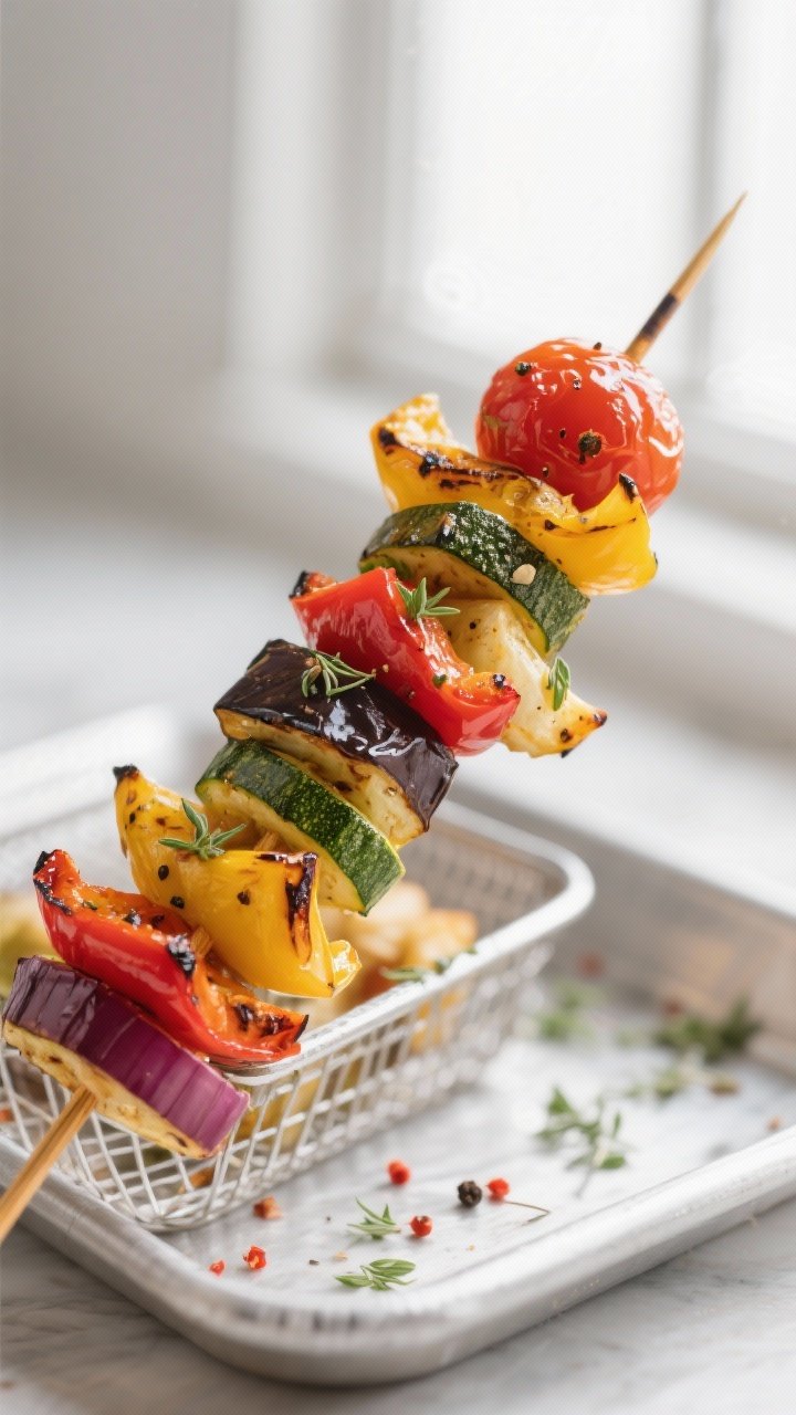 Close-up detail: Air fryer ratatouille skewers just out of the basket, vegetables cooked and glisten