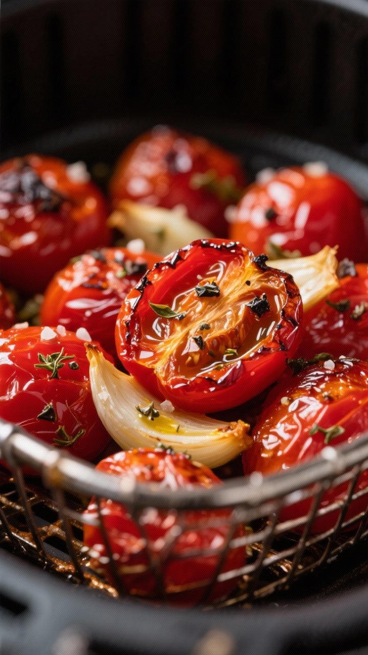 Close-up detail: Air fryer–roasted cherry tomatoes just out of the basket, skins split and blister