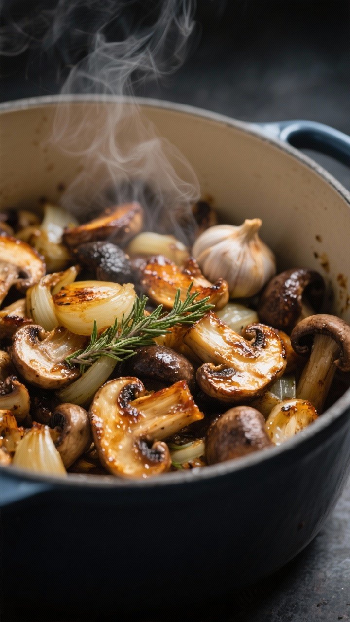 Close-up detail: Air-fryer–roasted mixed mushrooms and onions just tumbled into a pot, steam risin