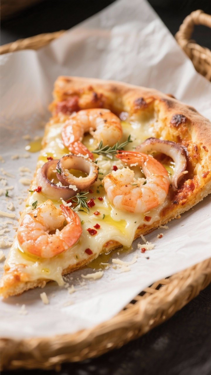 Close-up detail: Air fryer seafood pizza slice just out of the basket, showing golden par-baked crus