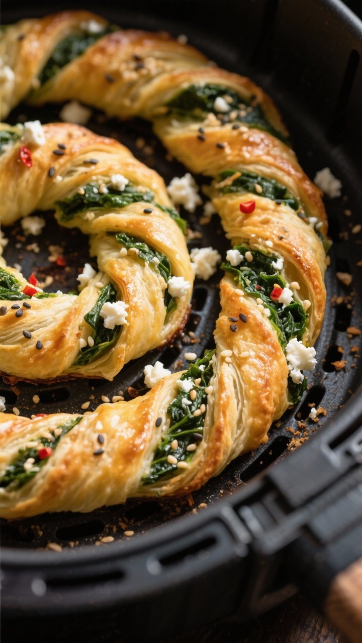 Close-up detail: Air Fryer Spinach and Feta Twists just out of the basket, deeply golden and puffed 