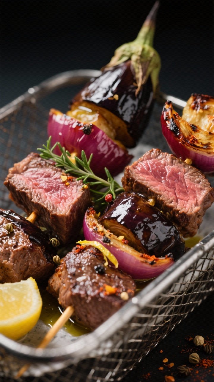 Close-up detail: Air fryer steak and brinjal kebabs just out of the basket, glistening with olive oi