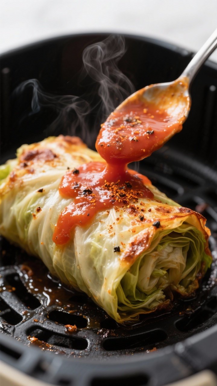 Close-up detail: Air fryer stuffed cabbage roll just out of the basket, edges lightly browned and ge