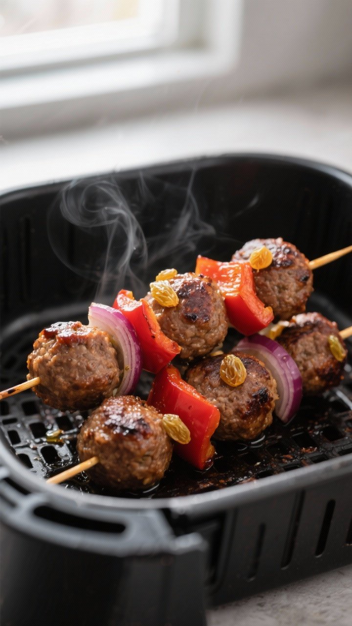 Close-up detail: Air fryer sultana meatball kebabs just cooked in the basket at 200°C/390°F, showi