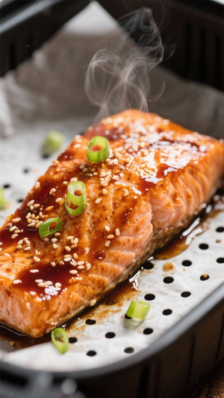 Close-up detail: Air Fryer Teriyaki Salmon just out of the basket, glossy caramelized glaze clinging