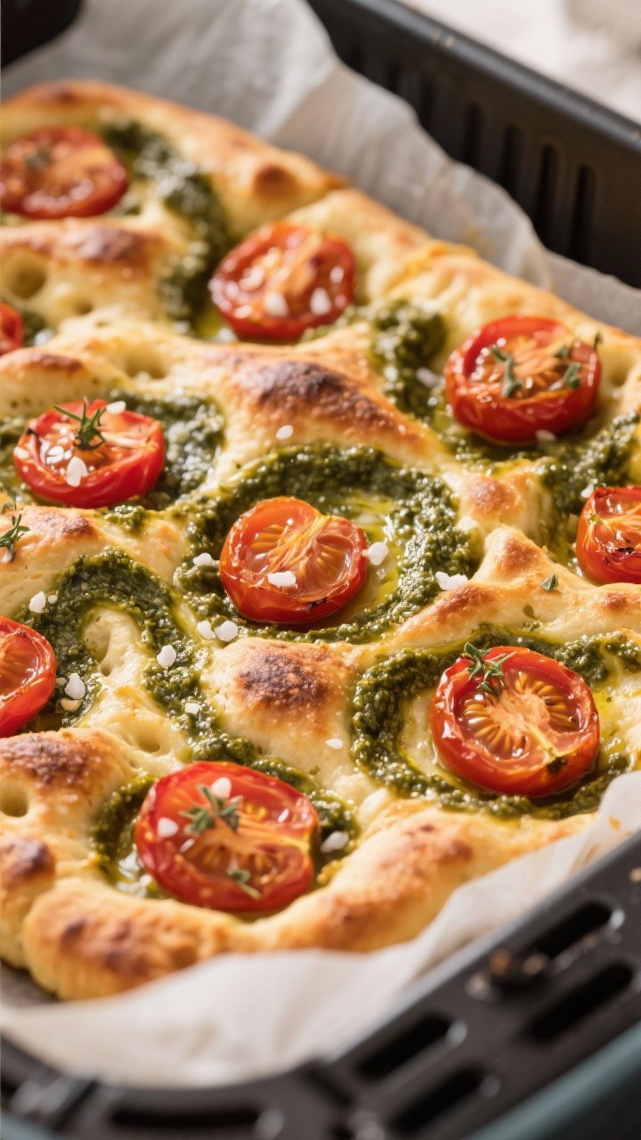 Close-up detail: Air Fryer Tomato Pesto Focaccia just out of the basket, showing a crisp, blistered