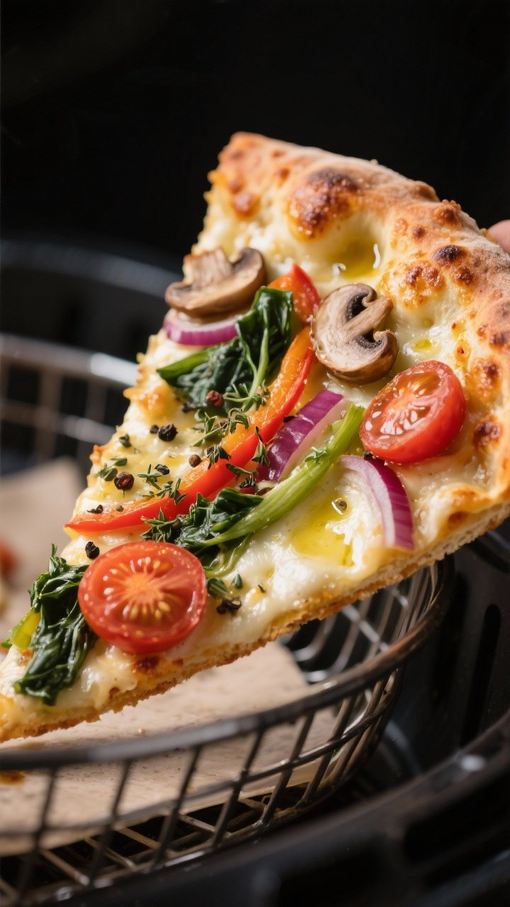 Close-up detail: Air fryer veggie pizza slice just out of the basket, showing blistered low-moisture
