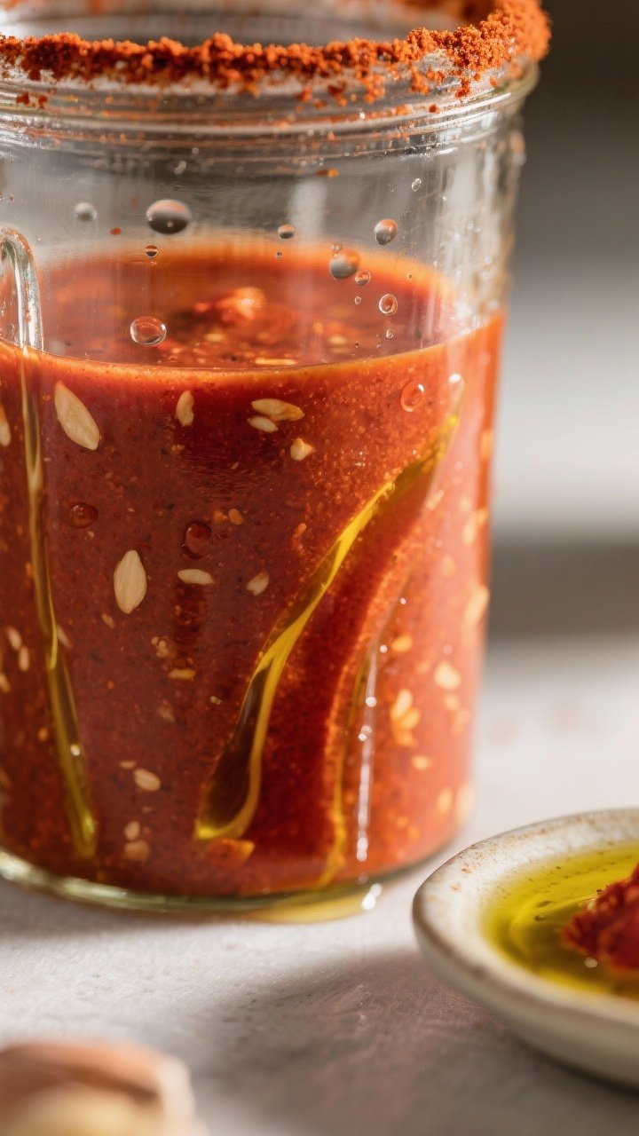 Close-up detail: Blender jar filled with just-blended romesco—silky but slightly textured with tin