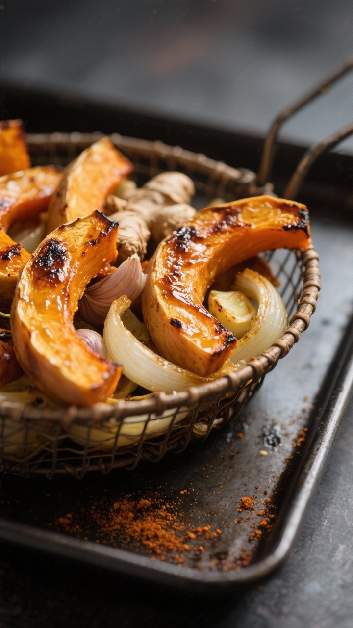 Close-up detail: Caramelized air-fried butternut squash, onion, ginger, and garlic just out of the b