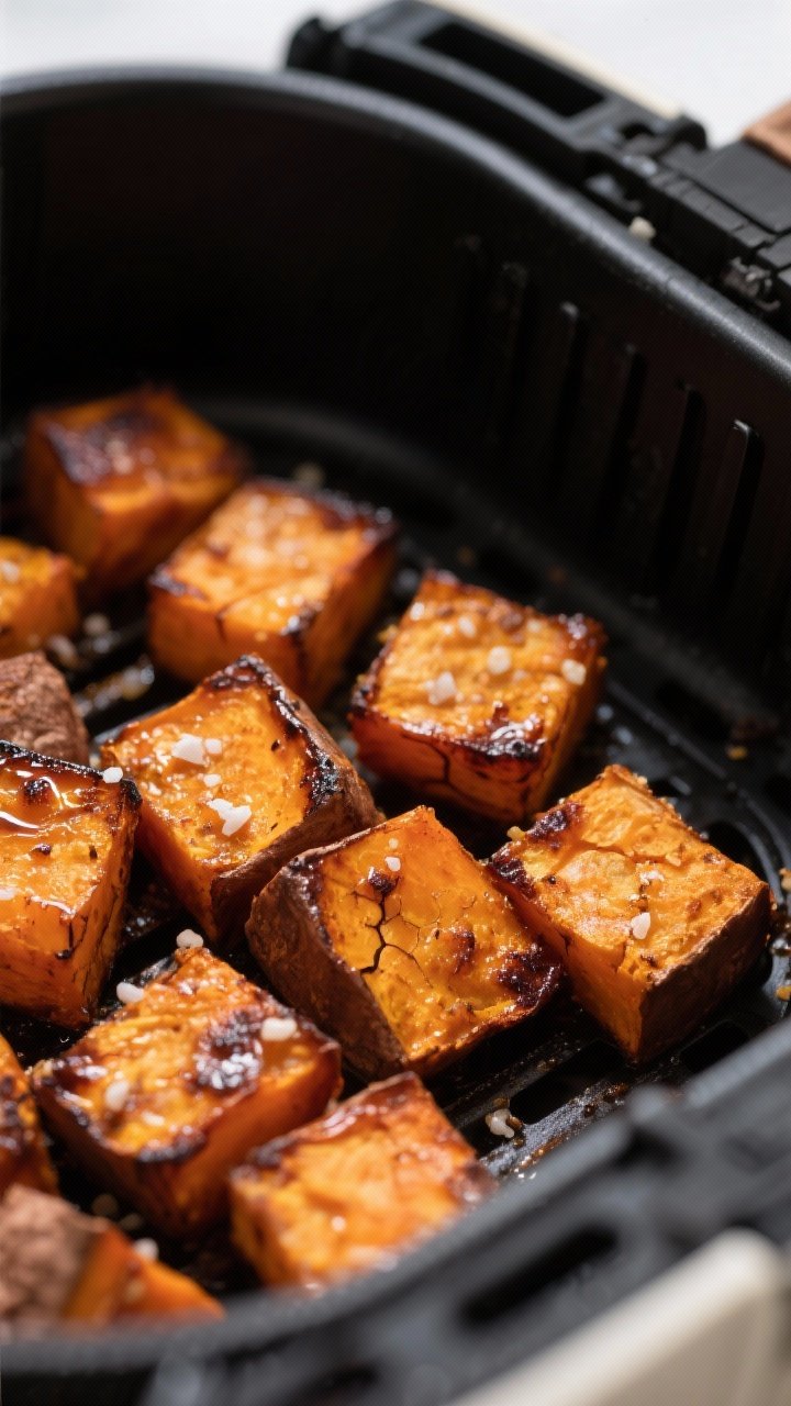Close-up detail: Caramelized air-fried sweet potato cubes fresh from the basket, edges browned and l