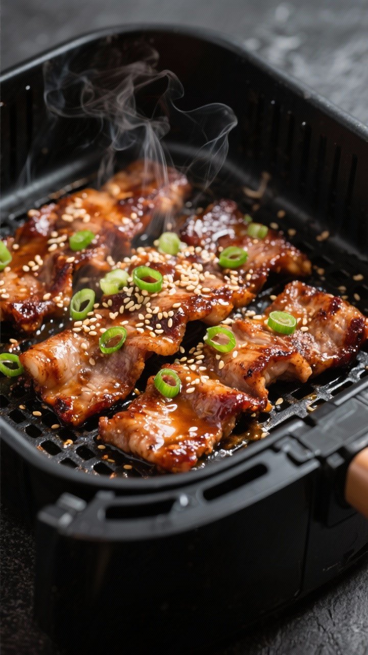 Close-up detail: Caramelized air-fryer bulgogi slices just out of the basket, edges deeply browned a