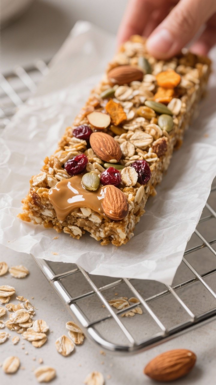 Close-up detail: Chewy air fryer muesli bar slab just lifted from the basket on parchment, edges lig