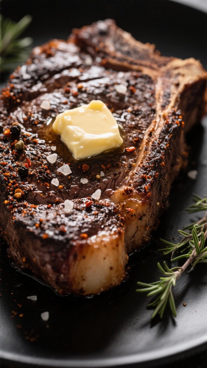Close-up detail: Coffee-rubbed ribeye just out of the air fryer, showing a dark, crackly steakhouse 