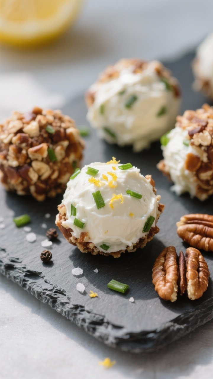 Close-up detail — Cream cheese balls rolled with chives, lemon zest, salt, and pepper, some coated