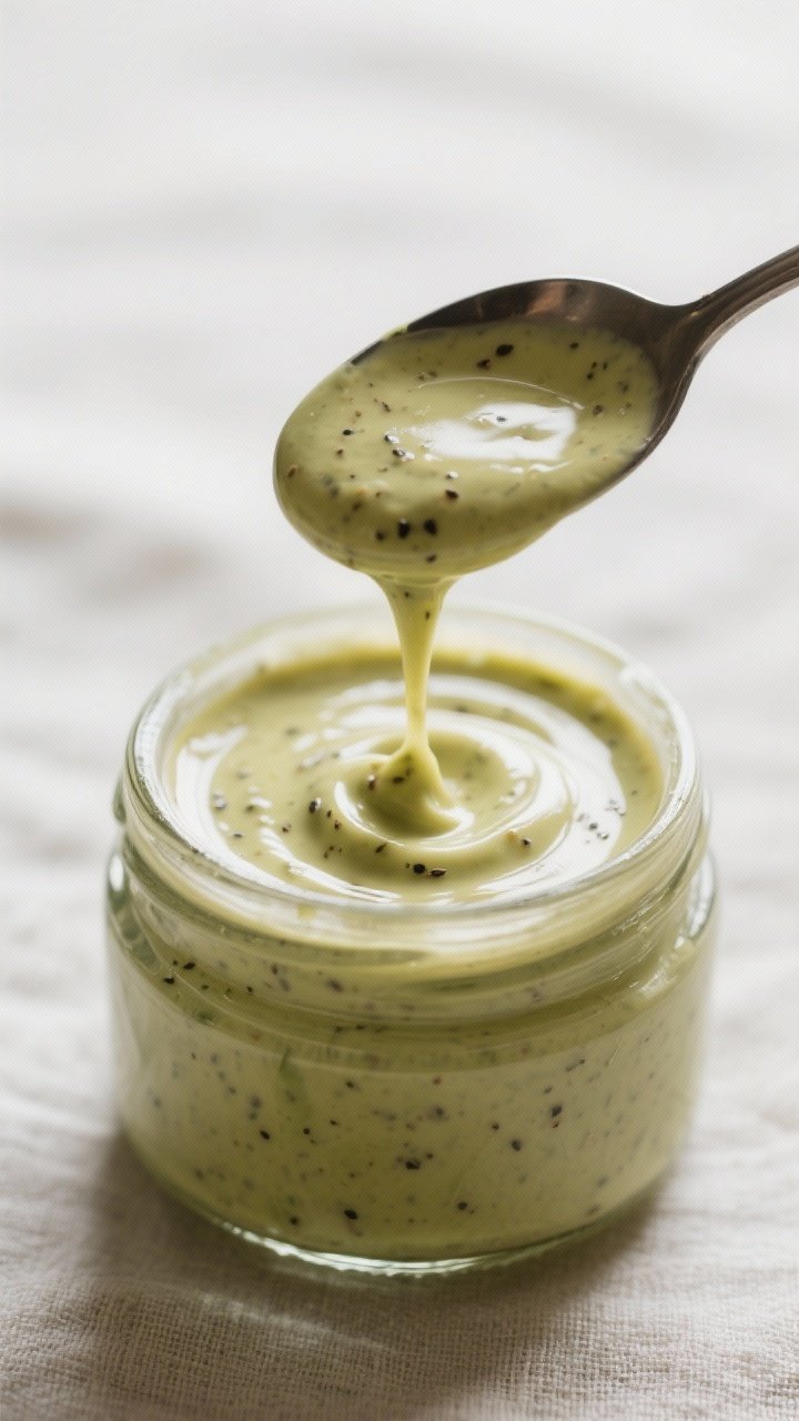 Close-up detail: Creamy miso avocado dressing just blended in a small glass jar, ultra-smooth and gl
