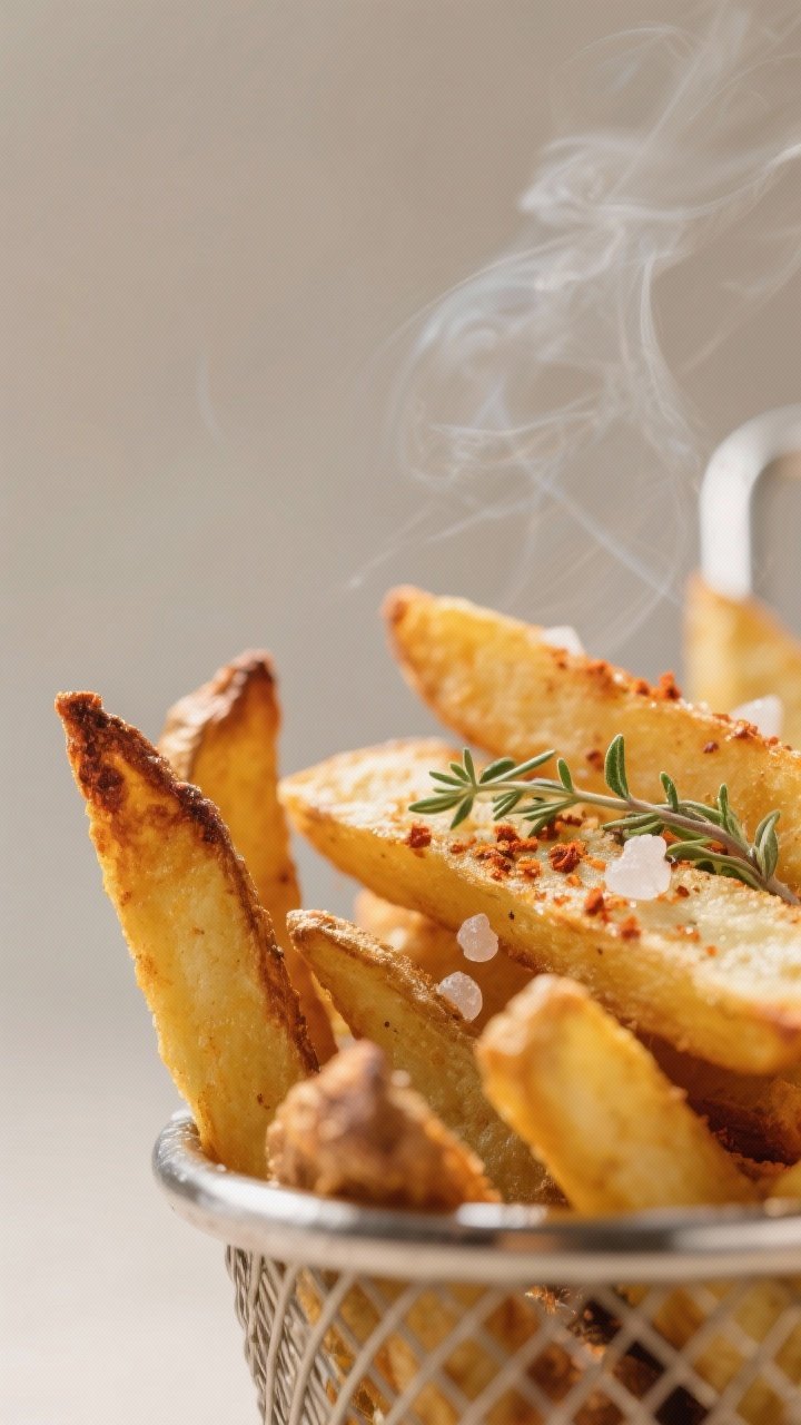 Close-up detail: Crisp, golden air-fried potato fries fresh from the basket, edges deeply browned an