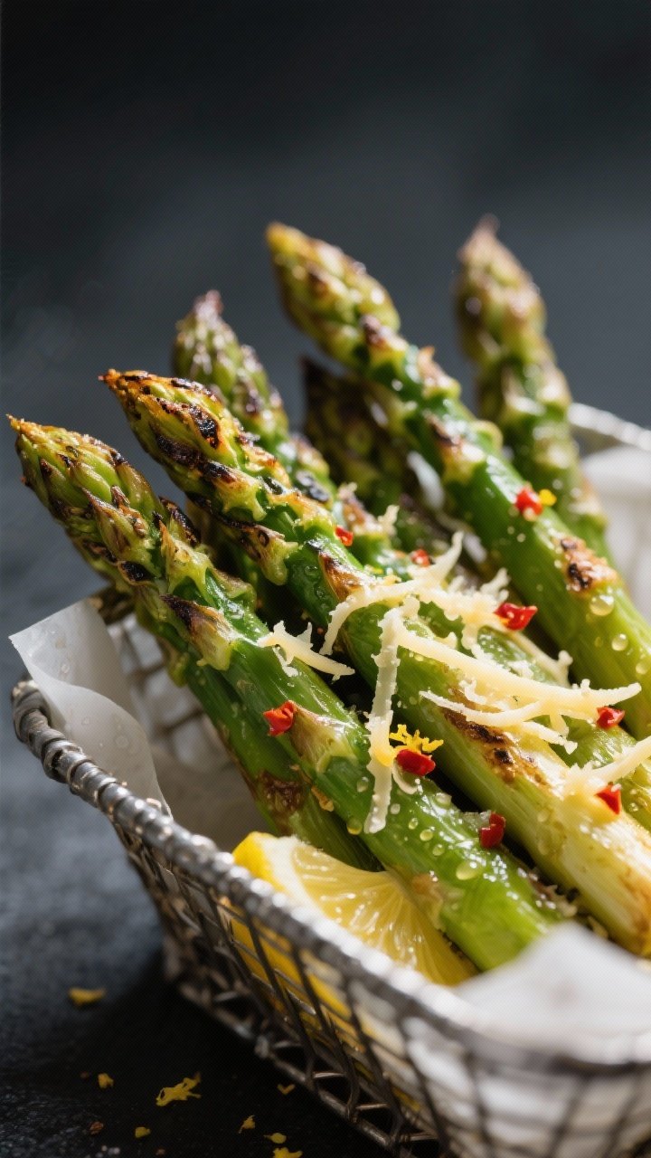 Close-up detail: Crisp-tender air-fried asparagus spears just out of the basket, lightly charred tip
