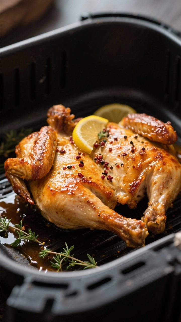 Close-up detail: Crisp, well-browned butterfly (spatchcock) chicken just out of the air fryer, skin 