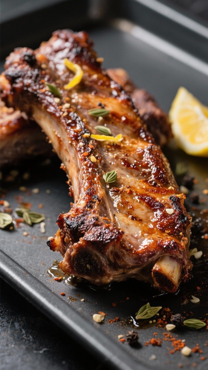 Close-up detail: Crisped air-fried lamb ribs just after the 400°F finish, edges deeply caramelized 