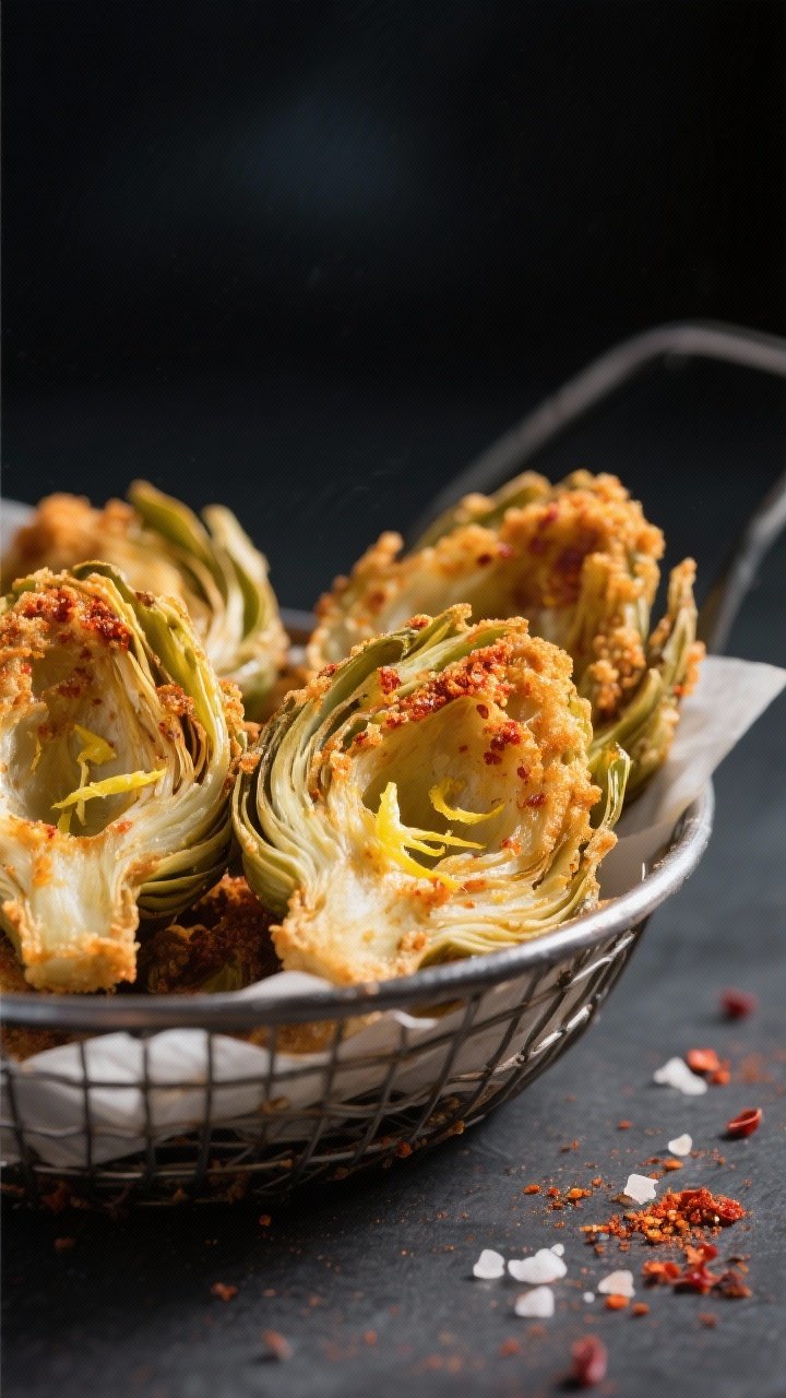 Close-up detail: Crispy air-fried artichoke hearts just out of the basket, edges deep golden with vi