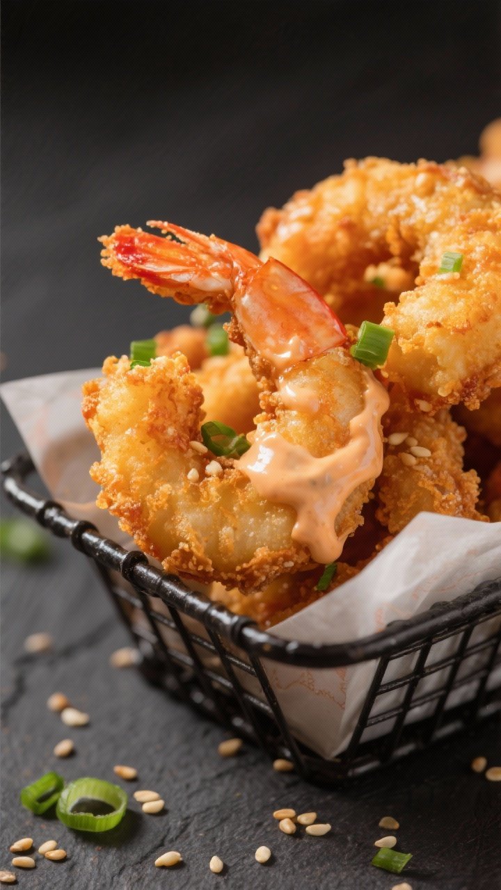 Close-up detail: Crispy air-fried bang bang shrimp just out of the basket, curled and golden with li