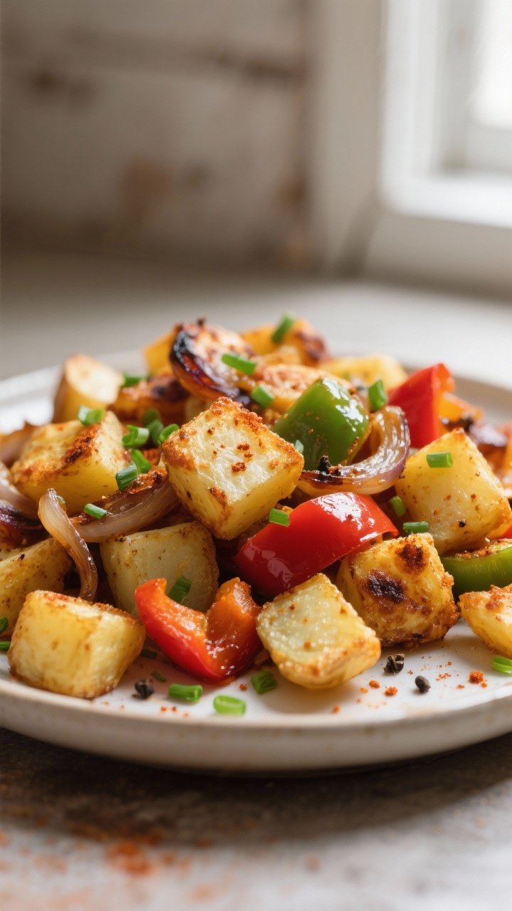 Close-up detail: Crispy air-fried breakfast hash with golden-brown Yukon gold potato cubes, charred 