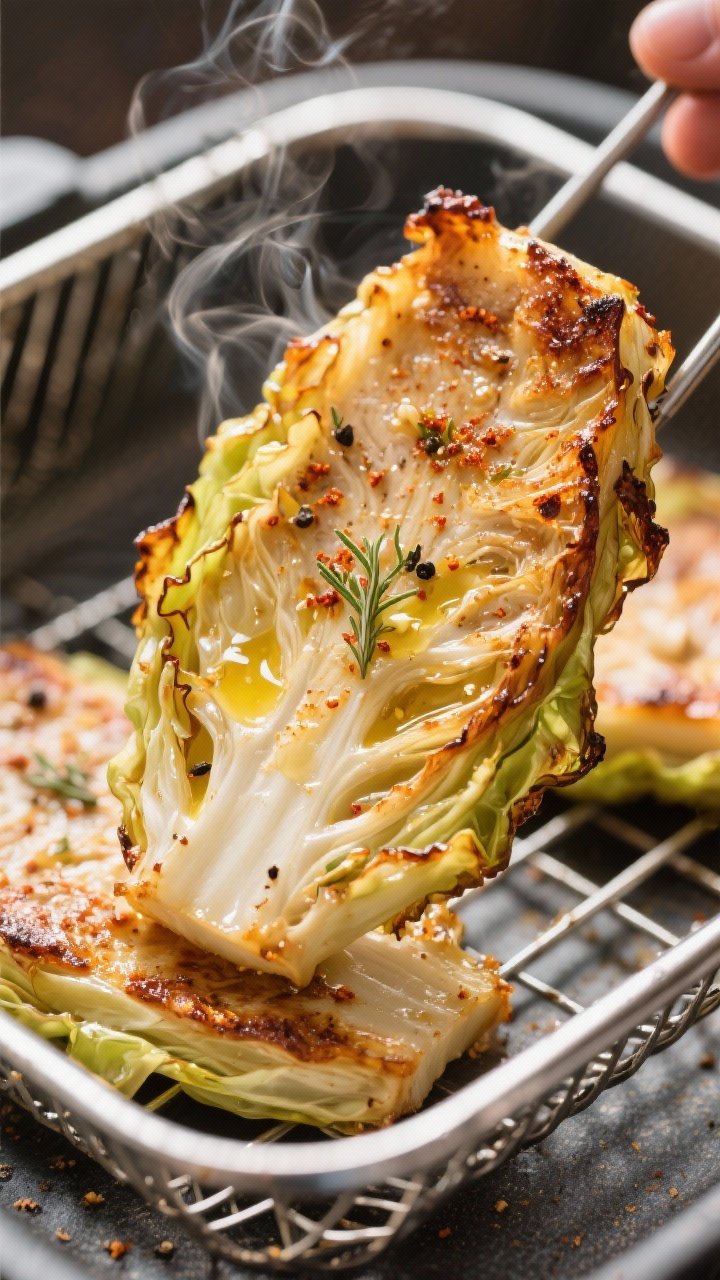 Close-up detail: Crispy air-fried cabbage steak just flipped in the basket at 375°F, edges deeply c