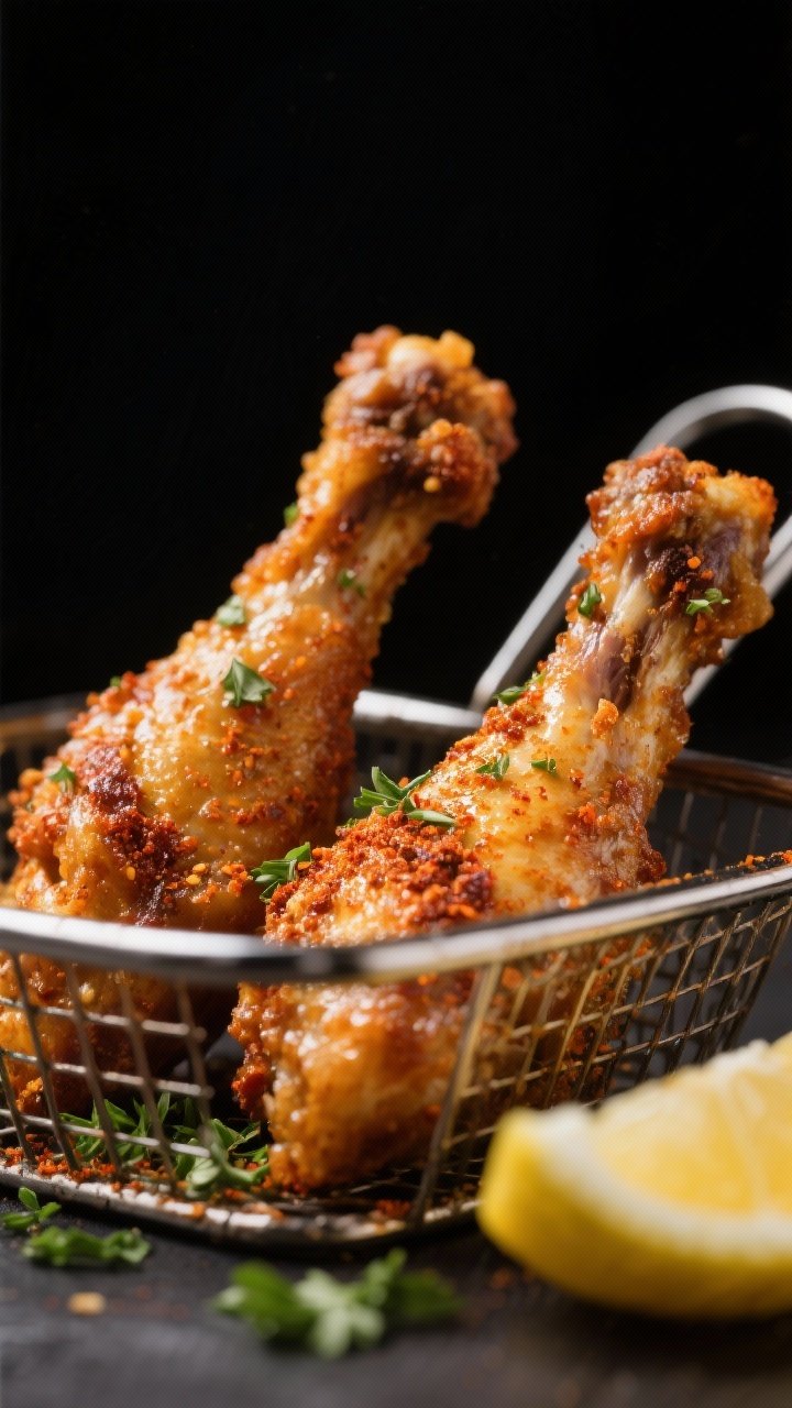 Close-up detail: Crispy air-fried Cajun drumsticks just out of the basket, golden-brown crackly skin