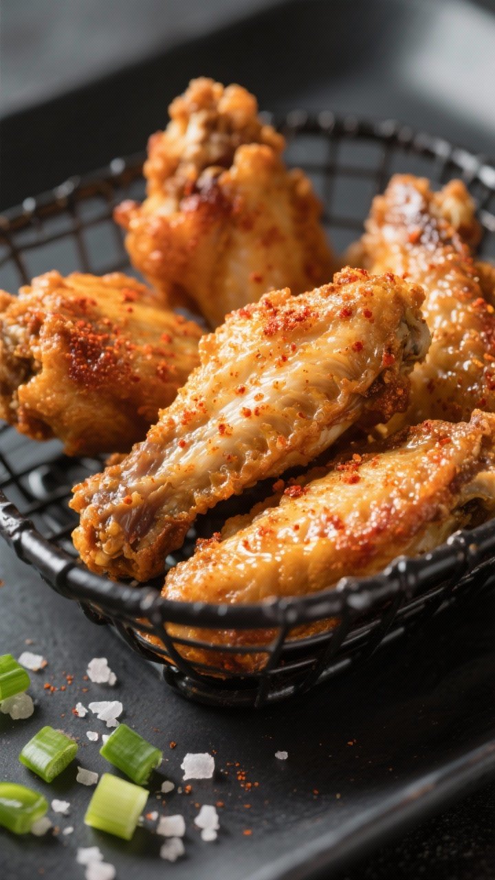 Close-up detail: Crispy air-fried chicken wings just out of the basket, golden-brown crinkly skin fr