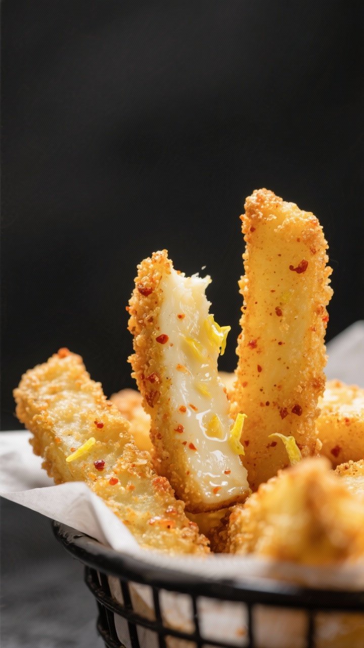 Close-up detail: Crispy air-fried halloumi fries just out of the basket, golden panko crust with vis