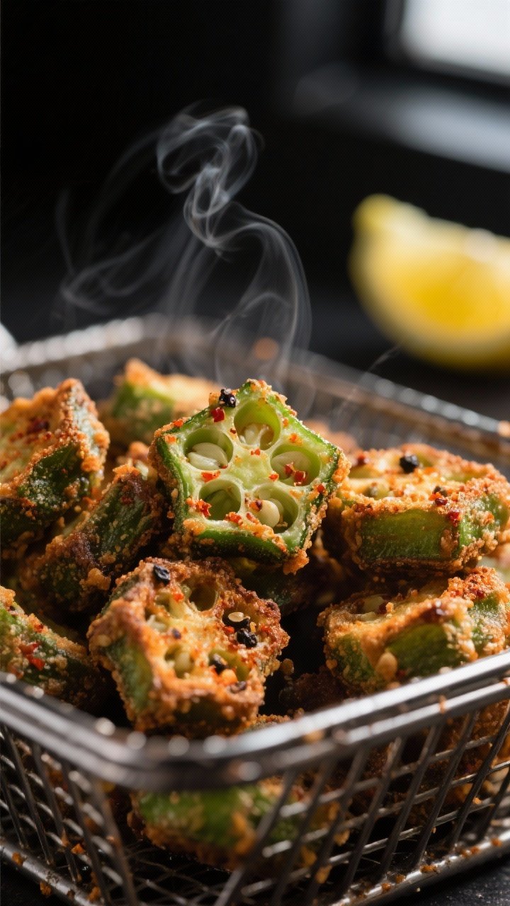 Close-up detail: Crispy air-fried okra rounds fresh from the basket, browned edges with visible Caju