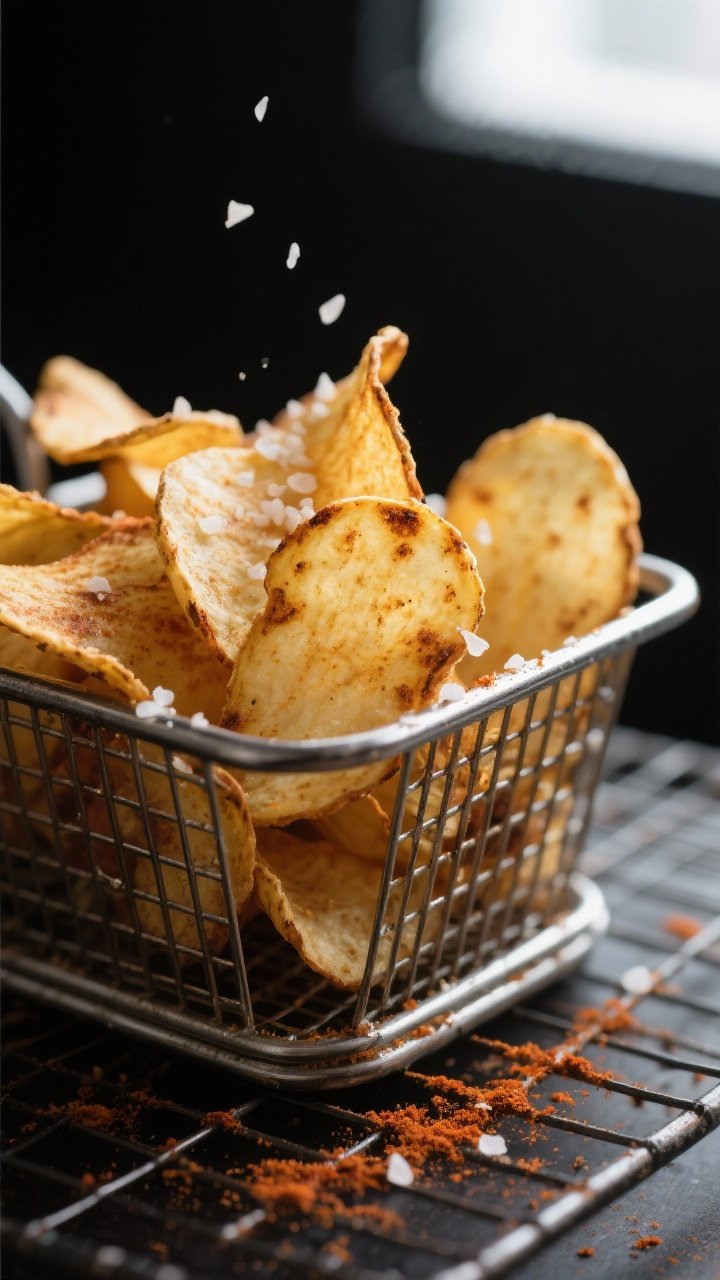 Close-up detail: Crispy air-fried parsnip chips just out of the basket, golden edges with slight car