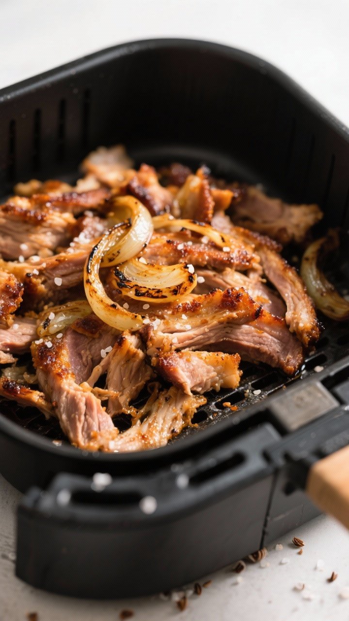 Close-up detail: Crispy air-fried pork carnitas just after the second crisp, showing caramelized, go