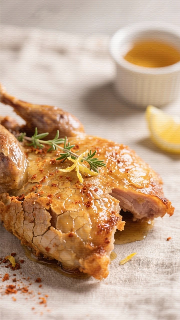 Close-up detail: Crispy air-fried quail skin glistening with a light honey glaze, tiny thyme leaves 