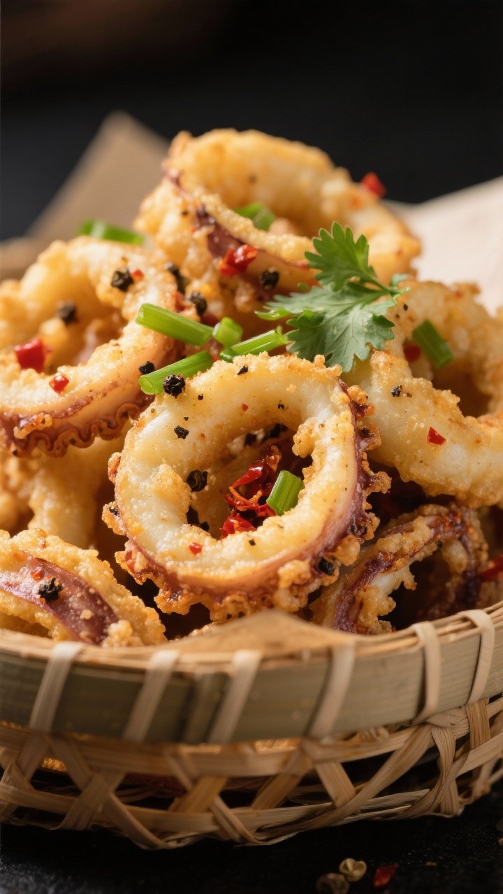 Close-up detail: Crispy air-fried salt and pepper squid rings and curled tentacles just out of the b