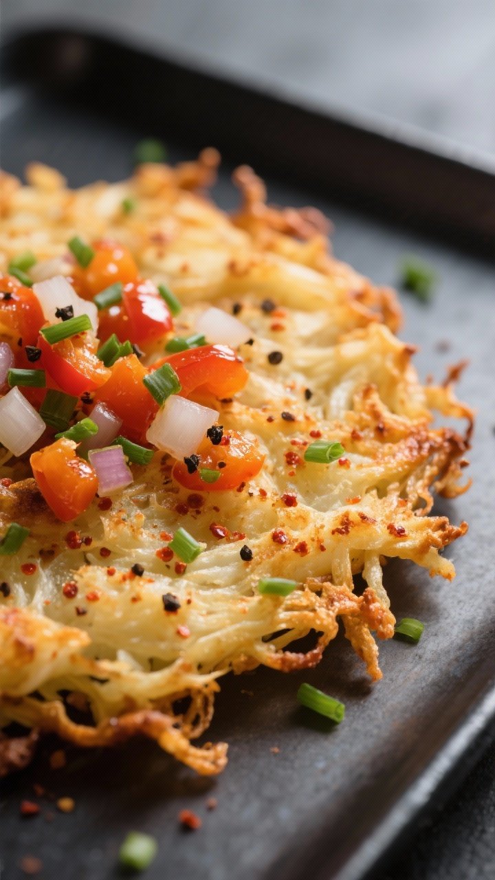 Close-up detail: Crispy air-fried shredded hash browns with golden, lacy edges and flecks of paprika